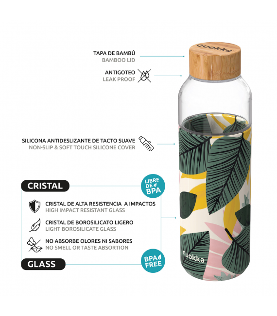 Quokka Flow - Tropical 660 ML, Botella de Agua de Cristal de Borosilicato